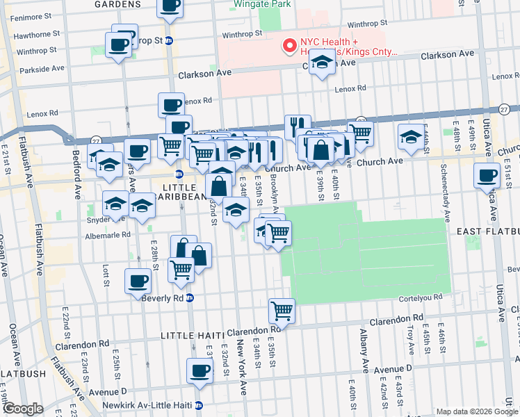 map of restaurants, bars, coffee shops, grocery stores, and more near E 35th St & Snyder Ave in Brooklyn