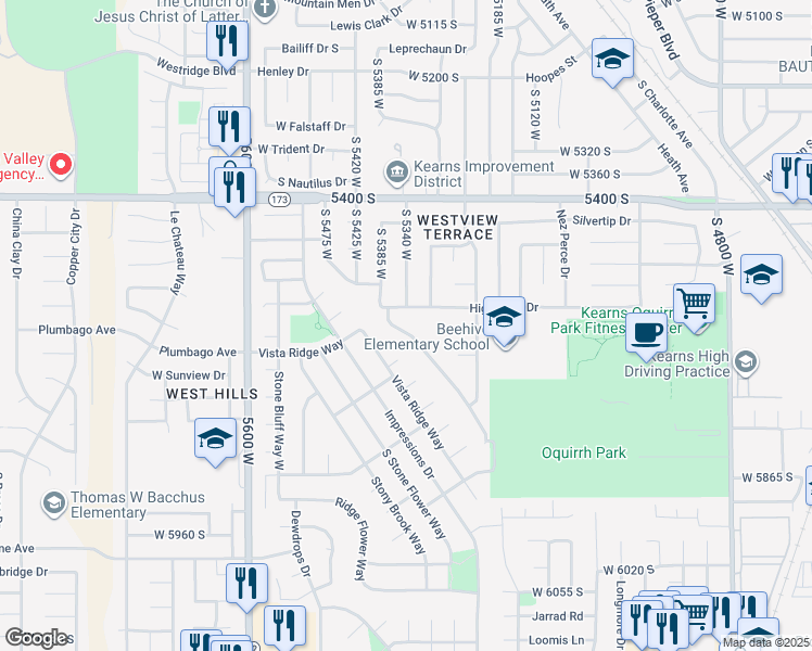 map of restaurants, bars, coffee shops, grocery stores, and more near 5615 South Honeysuckle Way in Kearns