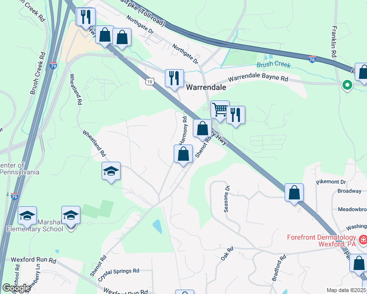 map of restaurants, bars, coffee shops, grocery stores, and more near 132 Harmony Road in Wexford