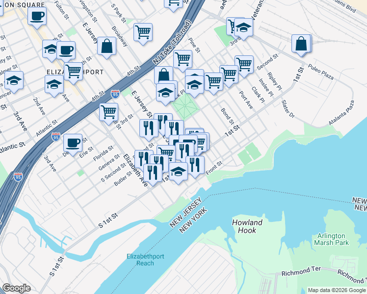 map of restaurants, bars, coffee shops, grocery stores, and more near 116 East Jersey Street in Elizabeth