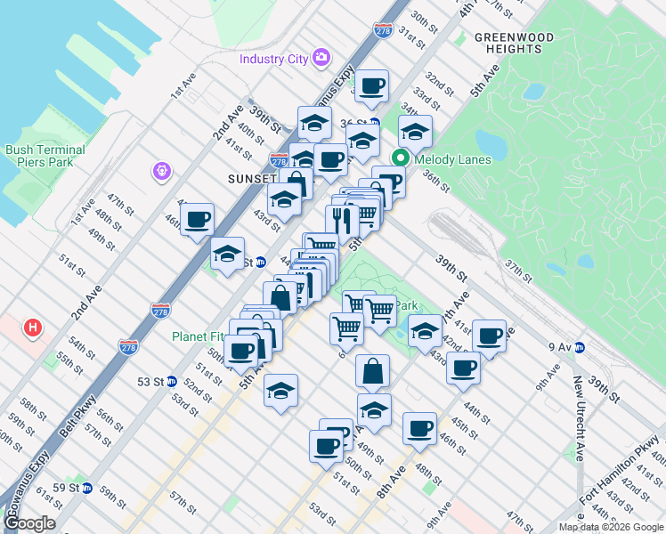 map of restaurants, bars, coffee shops, grocery stores, and more near 43rd Street in Brooklyn