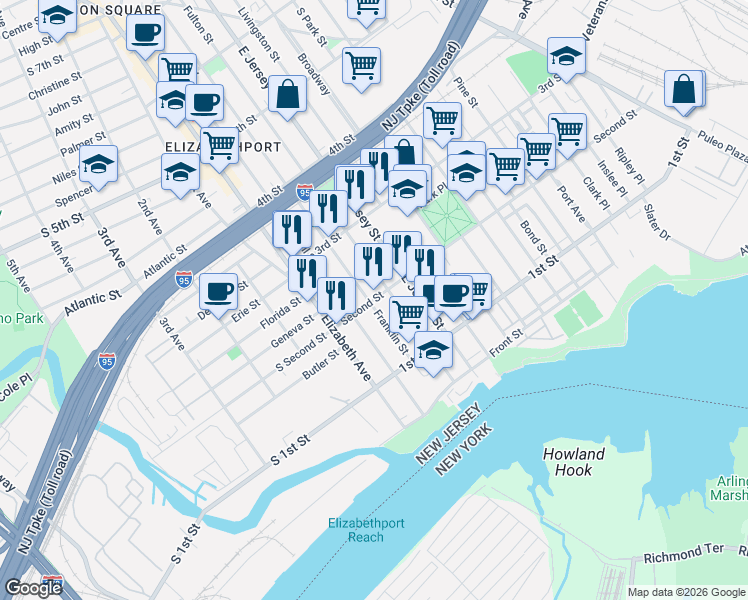 map of restaurants, bars, coffee shops, grocery stores, and more near 223 Franklin Street in Elizabeth