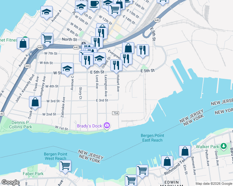 map of restaurants, bars, coffee shops, grocery stores, and more near 105 Hobart Avenue in Bayonne