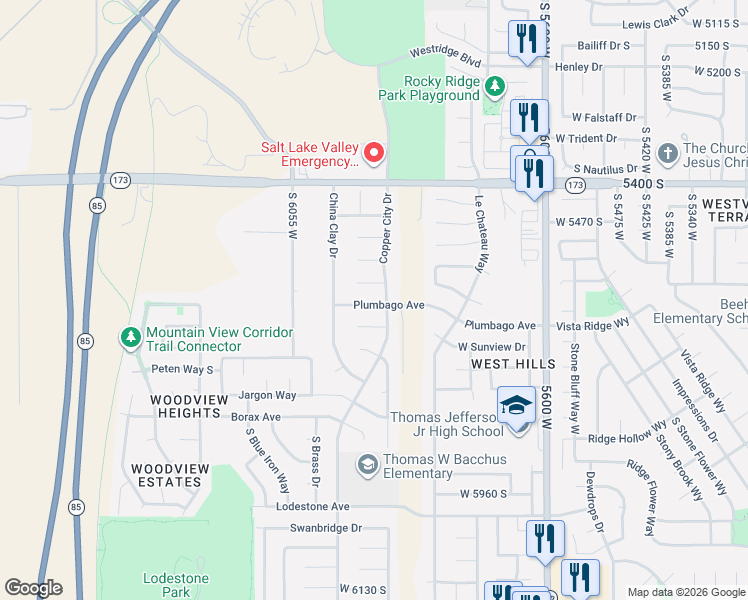 map of restaurants, bars, coffee shops, grocery stores, and more near 5906 Plumbago Avenue in Kearns