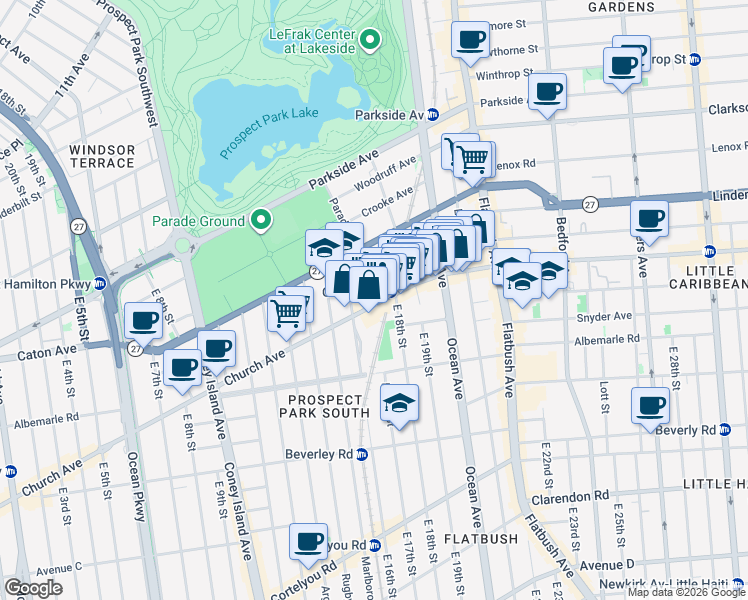 map of restaurants, bars, coffee shops, grocery stores, and more near 131 East 17th Street in Brooklyn