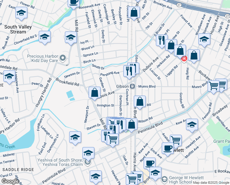 map of restaurants, bars, coffee shops, grocery stores, and more near 46 Eton Street in Valley Stream