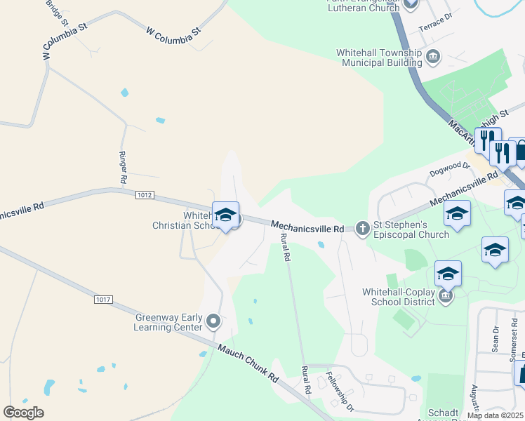 map of restaurants, bars, coffee shops, grocery stores, and more near 3945 Mechanicsville Road in Lehigh County