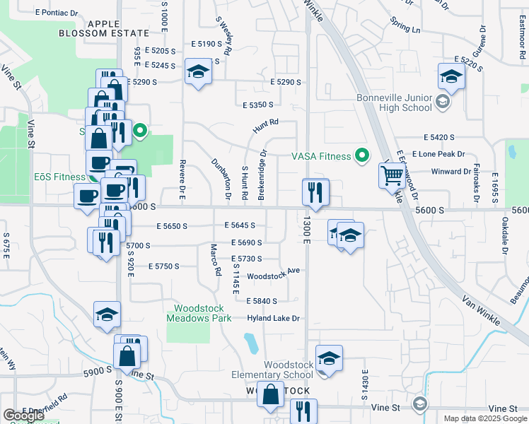 map of restaurants, bars, coffee shops, grocery stores, and more near 5614 South 1180 East in Murray