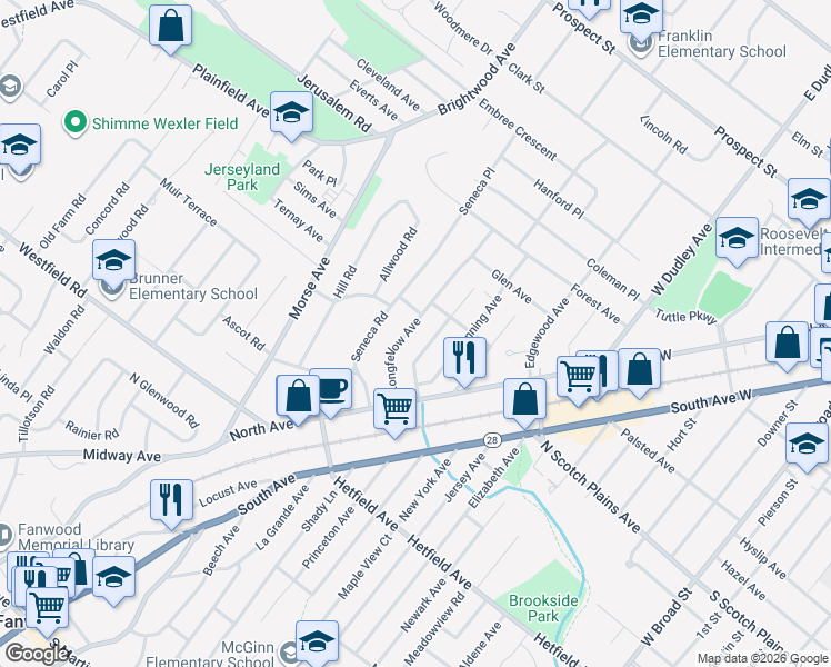 map of restaurants, bars, coffee shops, grocery stores, and more near 2394 Longfellow Avenue in Scotch Plains