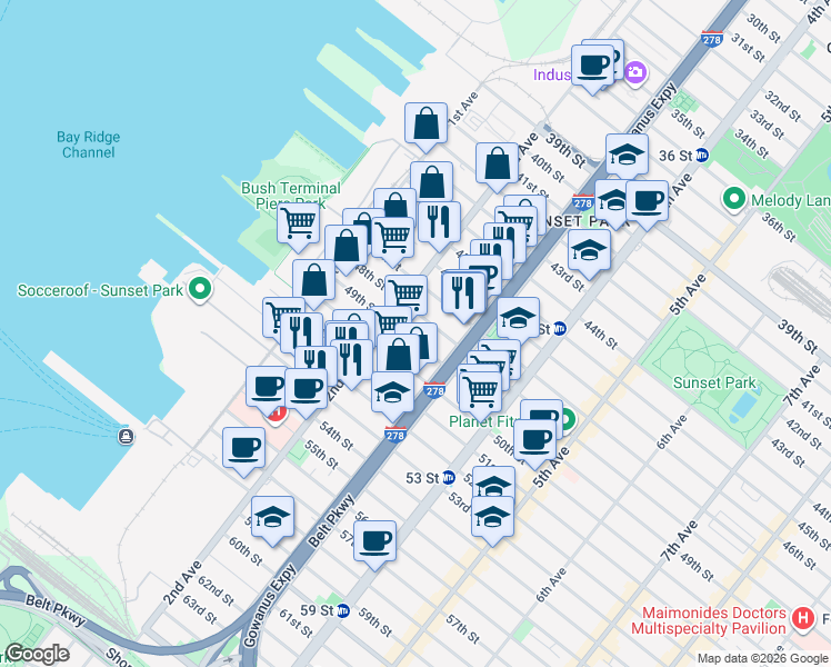 map of restaurants, bars, coffee shops, grocery stores, and more near in Brooklyn