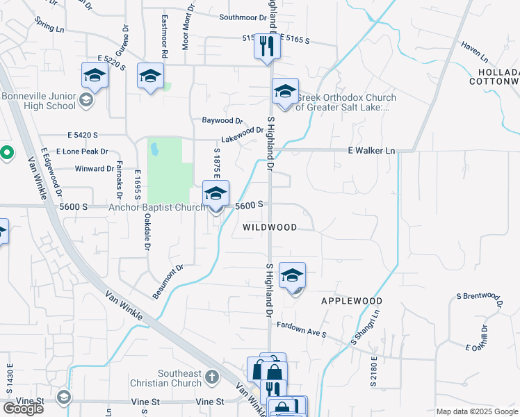 map of restaurants, bars, coffee shops, grocery stores, and more near in Holladay
