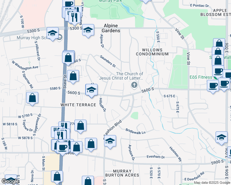 map of restaurants, bars, coffee shops, grocery stores, and more near 439 5600 South in Murray