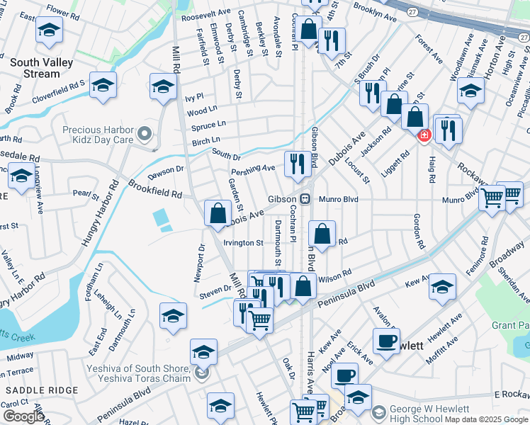 map of restaurants, bars, coffee shops, grocery stores, and more near 46 Eton Street in Valley Stream