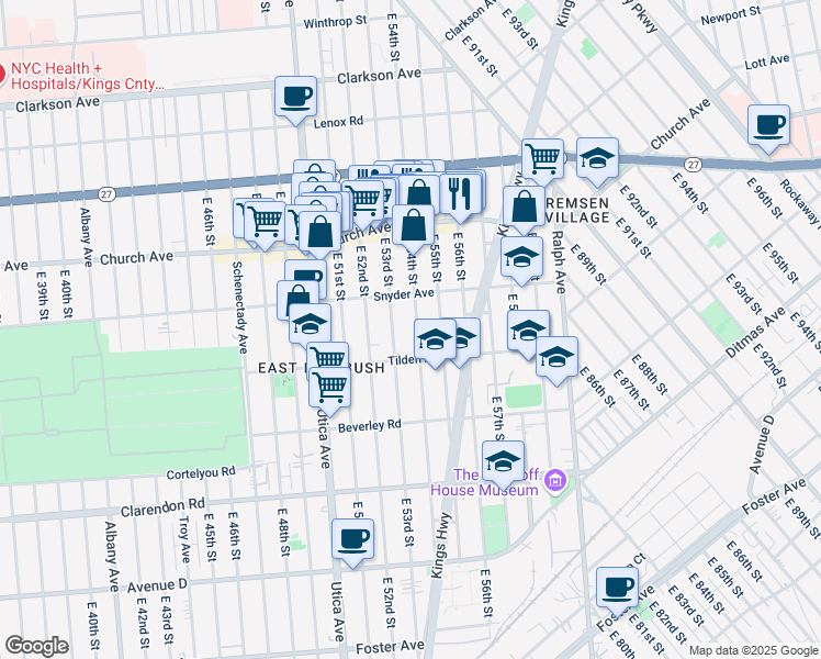 map of restaurants, bars, coffee shops, grocery stores, and more near 355 East 54th Street in Brooklyn
