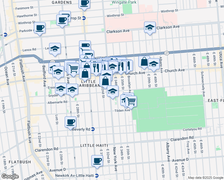 map of restaurants, bars, coffee shops, grocery stores, and more near 285 East 34th Street in Brooklyn