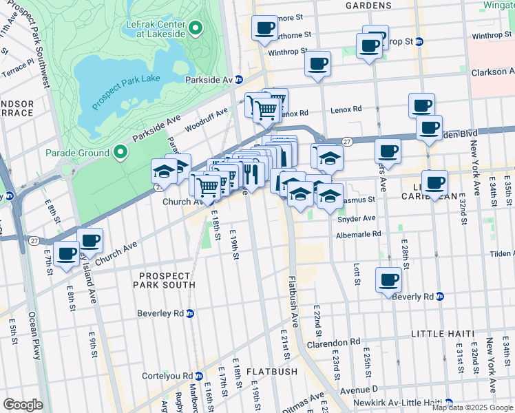 map of restaurants, bars, coffee shops, grocery stores, and more near 2010 Church Avenue in Brooklyn