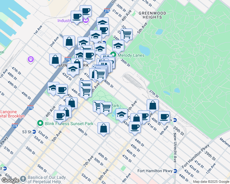 map of restaurants, bars, coffee shops, grocery stores, and more near 566 39th Street in Brooklyn