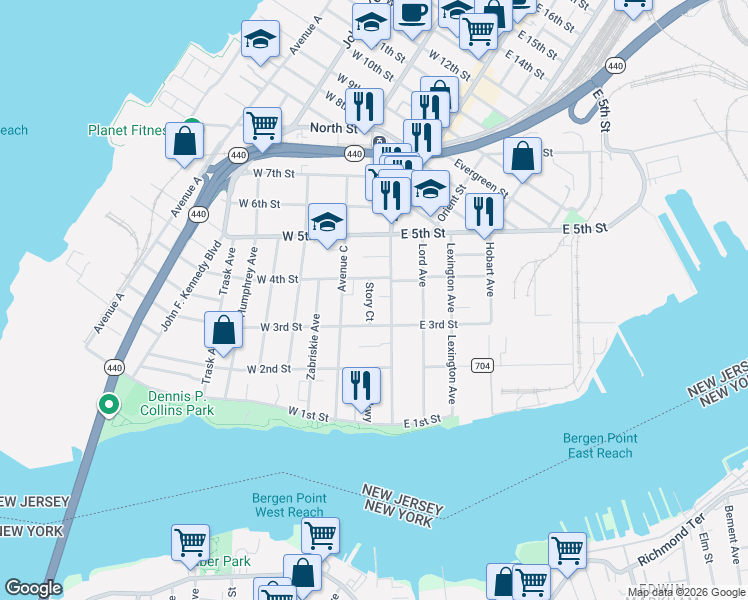 map of restaurants, bars, coffee shops, grocery stores, and more near 131 Broadway in Bayonne