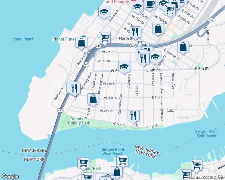 map of restaurants, bars, coffee shops, grocery stores, and more near 85 West 4th Street in Bayonne