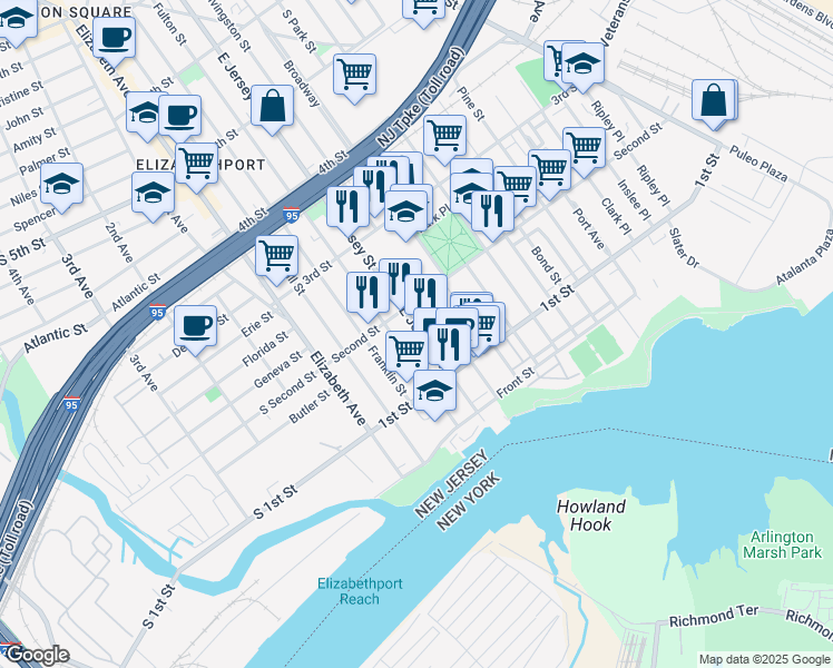 map of restaurants, bars, coffee shops, grocery stores, and more near 152 Livingston Street in Elizabeth