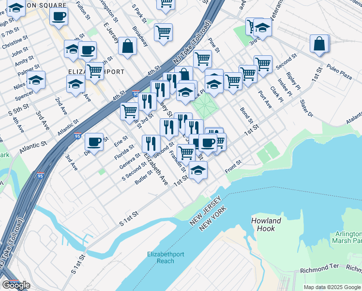 map of restaurants, bars, coffee shops, grocery stores, and more near 200 East Jersey Street in Elizabeth