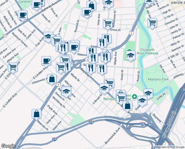 map of restaurants, bars, coffee shops, grocery stores, and more near 613 Grier Avenue in Elizabeth