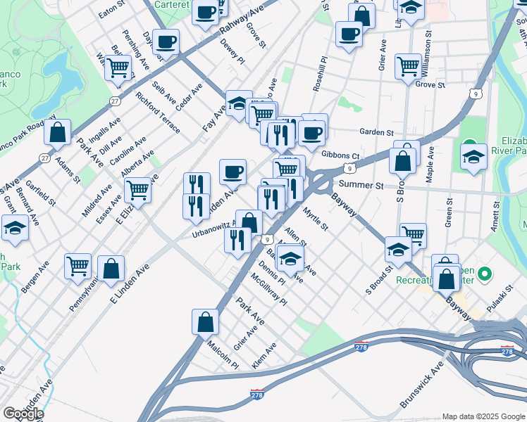 map of restaurants, bars, coffee shops, grocery stores, and more near 937 Spofford Avenue in Elizabeth