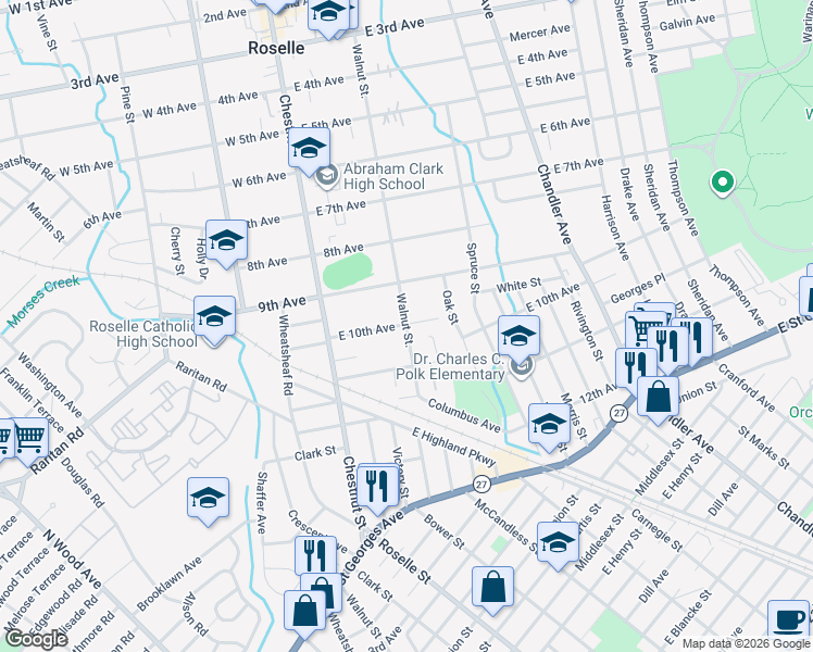 map of restaurants, bars, coffee shops, grocery stores, and more near 955 Walnut Street in Roselle
