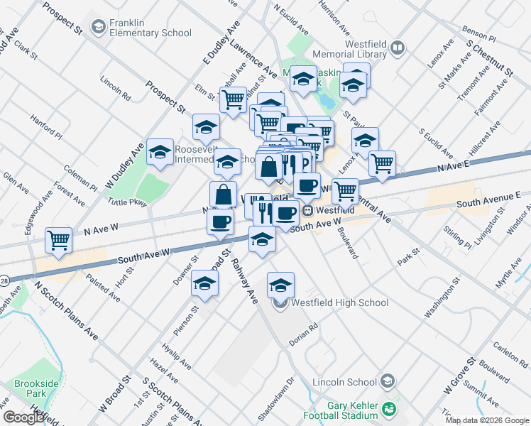 map of restaurants, bars, coffee shops, grocery stores, and more near in Westfield