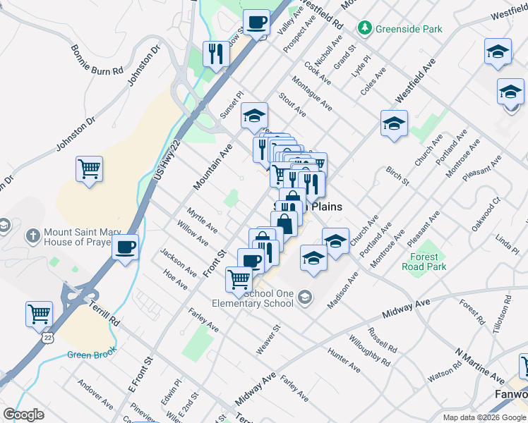 map of restaurants, bars, coffee shops, grocery stores, and more near 1803 Front Street in Scotch Plains