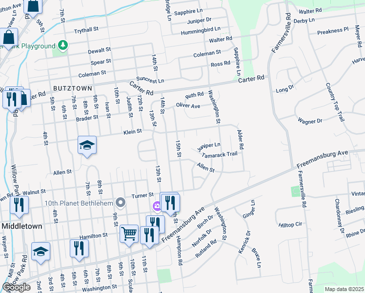 map of restaurants, bars, coffee shops, grocery stores, and more near 4010 Klein Street in Bethlehem