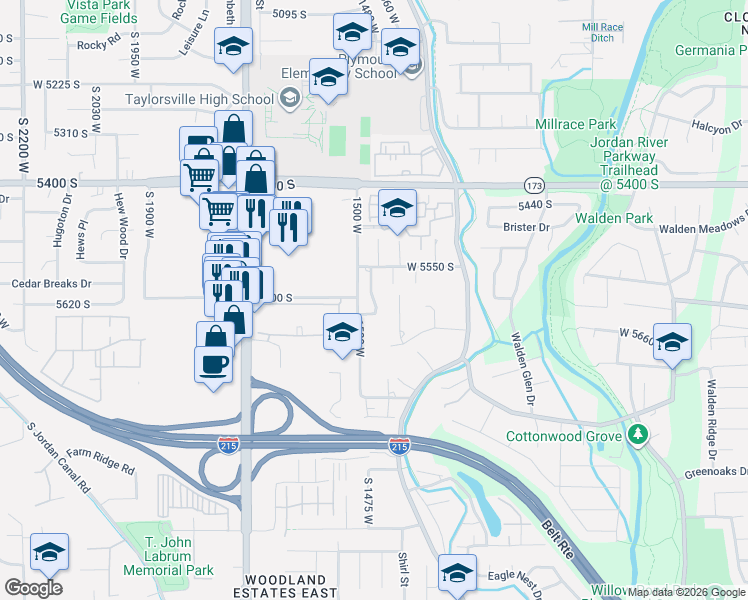 map of restaurants, bars, coffee shops, grocery stores, and more near 5633 Crosspark Drive in Taylorsville