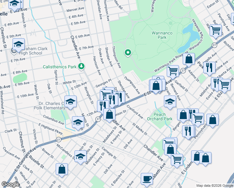 map of restaurants, bars, coffee shops, grocery stores, and more near 1025 Drake Avenue in Roselle