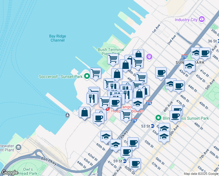 map of restaurants, bars, coffee shops, grocery stores, and more near 1st Avenue in Brooklyn