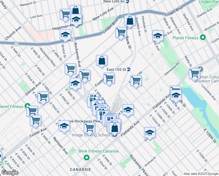map of restaurants, bars, coffee shops, grocery stores, and more near 10110 Foster Avenue in Brooklyn