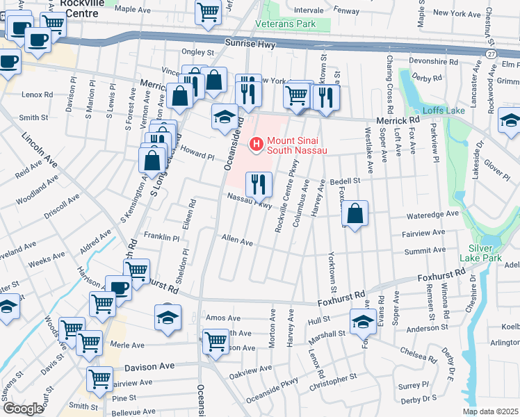 map of restaurants, bars, coffee shops, grocery stores, and more near 41 Nassau Parkway in Oceanside