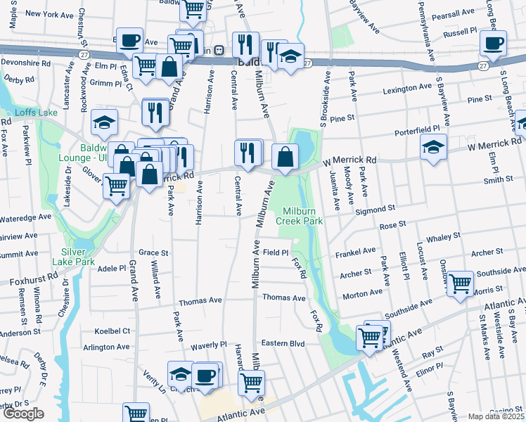 map of restaurants, bars, coffee shops, grocery stores, and more near 2501 Milburn Avenue in Baldwin