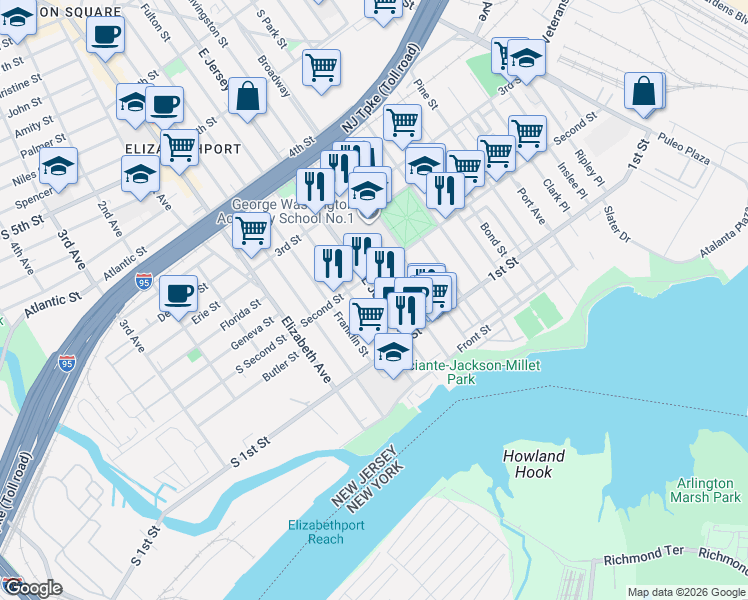 map of restaurants, bars, coffee shops, grocery stores, and more near 152 Livingston Street in Elizabeth