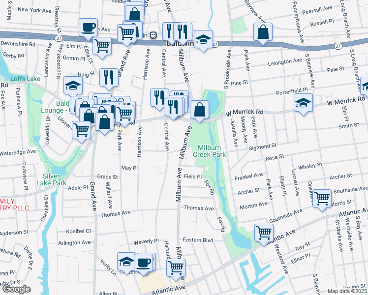 map of restaurants, bars, coffee shops, grocery stores, and more near 2501 Milburn Avenue in Baldwin
