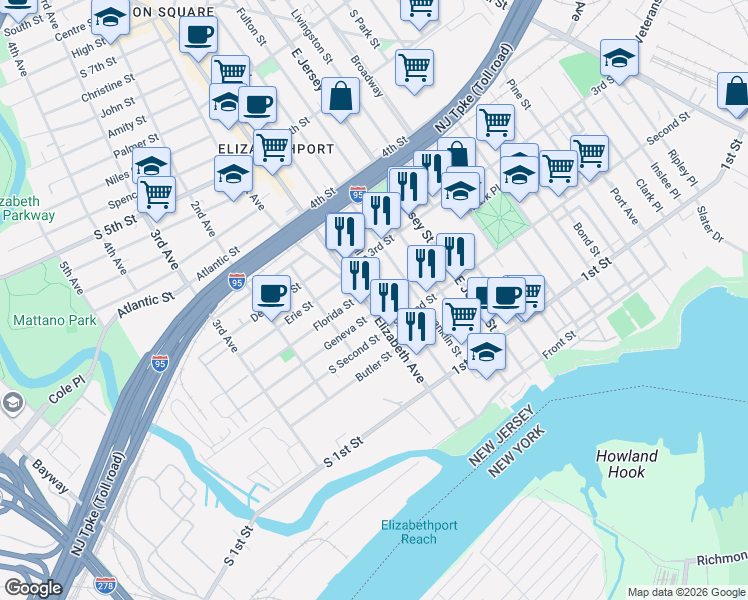 map of restaurants, bars, coffee shops, grocery stores, and more near 241 Marshall Street in Elizabeth