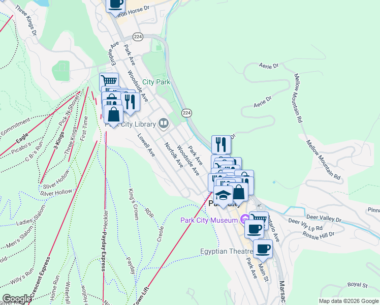 map of restaurants, bars, coffee shops, grocery stores, and more near 1025 Park Avenue in Park City