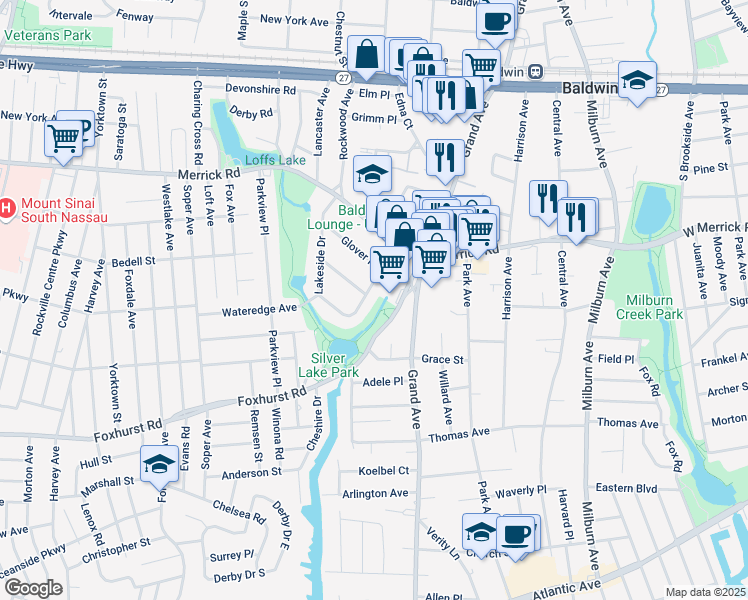 map of restaurants, bars, coffee shops, grocery stores, and more near 756 Lakeside Drive in Baldwin