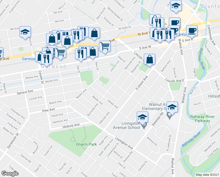 map of restaurants, bars, coffee shops, grocery stores, and more near 79 Burnside Avenue in Cranford