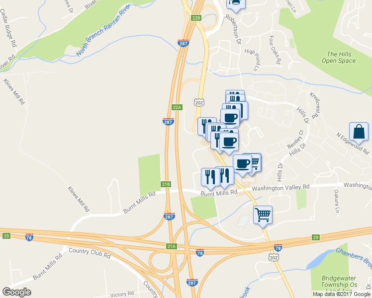 map of restaurants, bars, coffee shops, grocery stores, and more near 455 Disabled American Veterans Highway in Bedminster Township