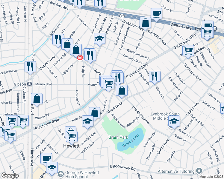 map of restaurants, bars, coffee shops, grocery stores, and more near 1250 Peninsula Boulevard in Hewlett