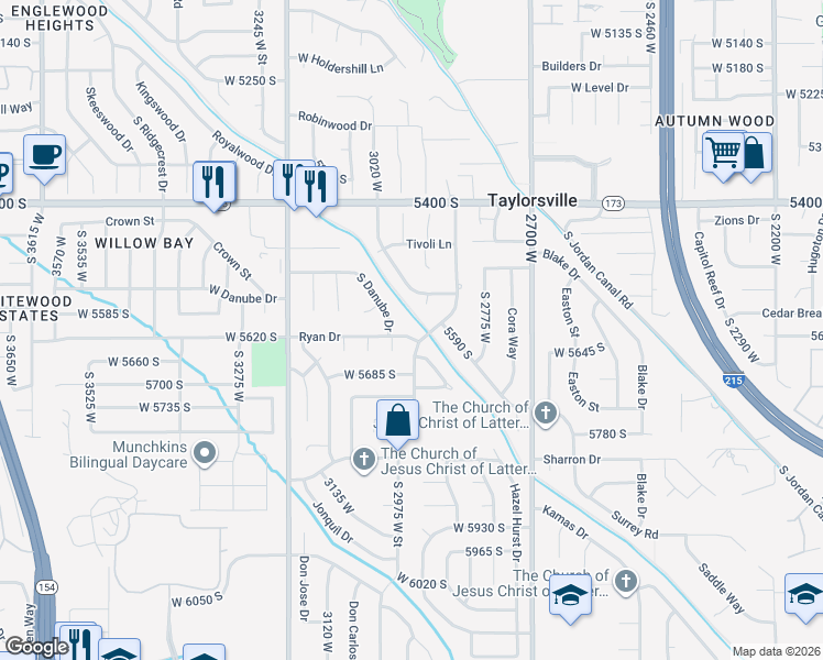 map of restaurants, bars, coffee shops, grocery stores, and more near 5579 Danube Drive in Taylorsville