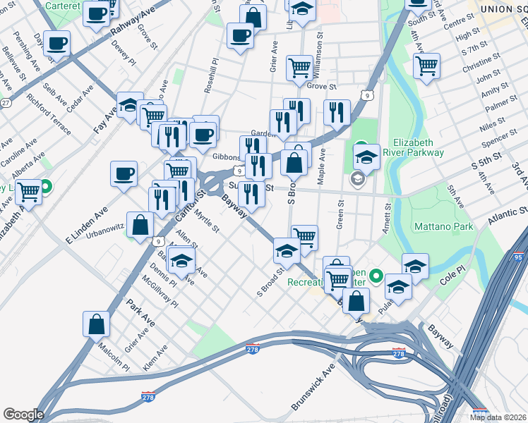 map of restaurants, bars, coffee shops, grocery stores, and more near 10 General Karge Court in Elizabeth