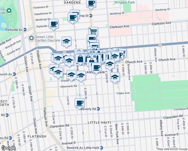 map of restaurants, bars, coffee shops, grocery stores, and more near 165 Erasmus Street in Brooklyn