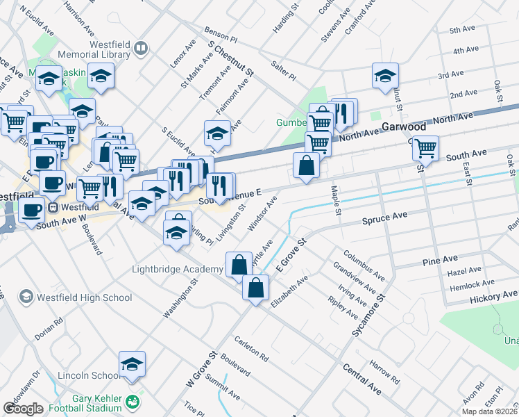 map of restaurants, bars, coffee shops, grocery stores, and more near 356 Livingston Street in Westfield