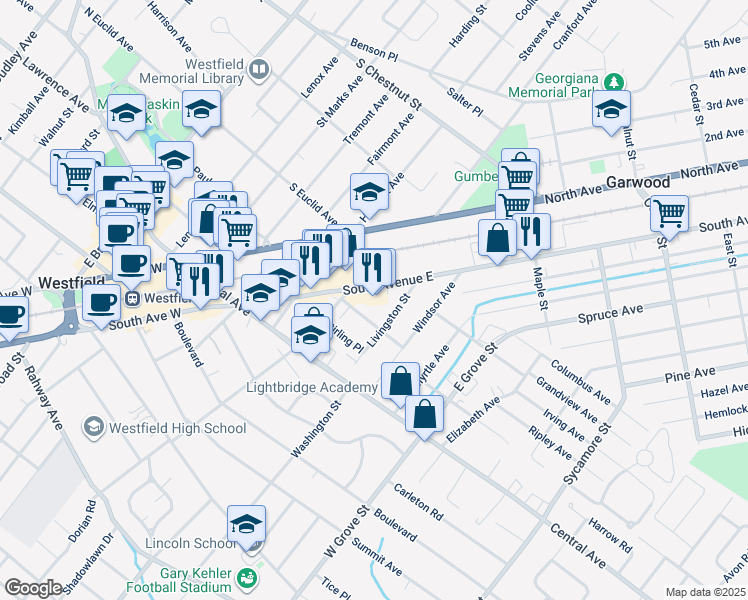 map of restaurants, bars, coffee shops, grocery stores, and more near 349 South Avenue East in Westfield